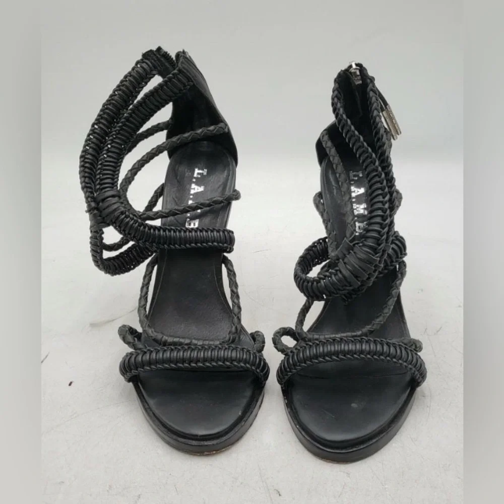 L.A.M.B., size 6.5, Black Woven Strappy Heels - Picture 2 of 8
